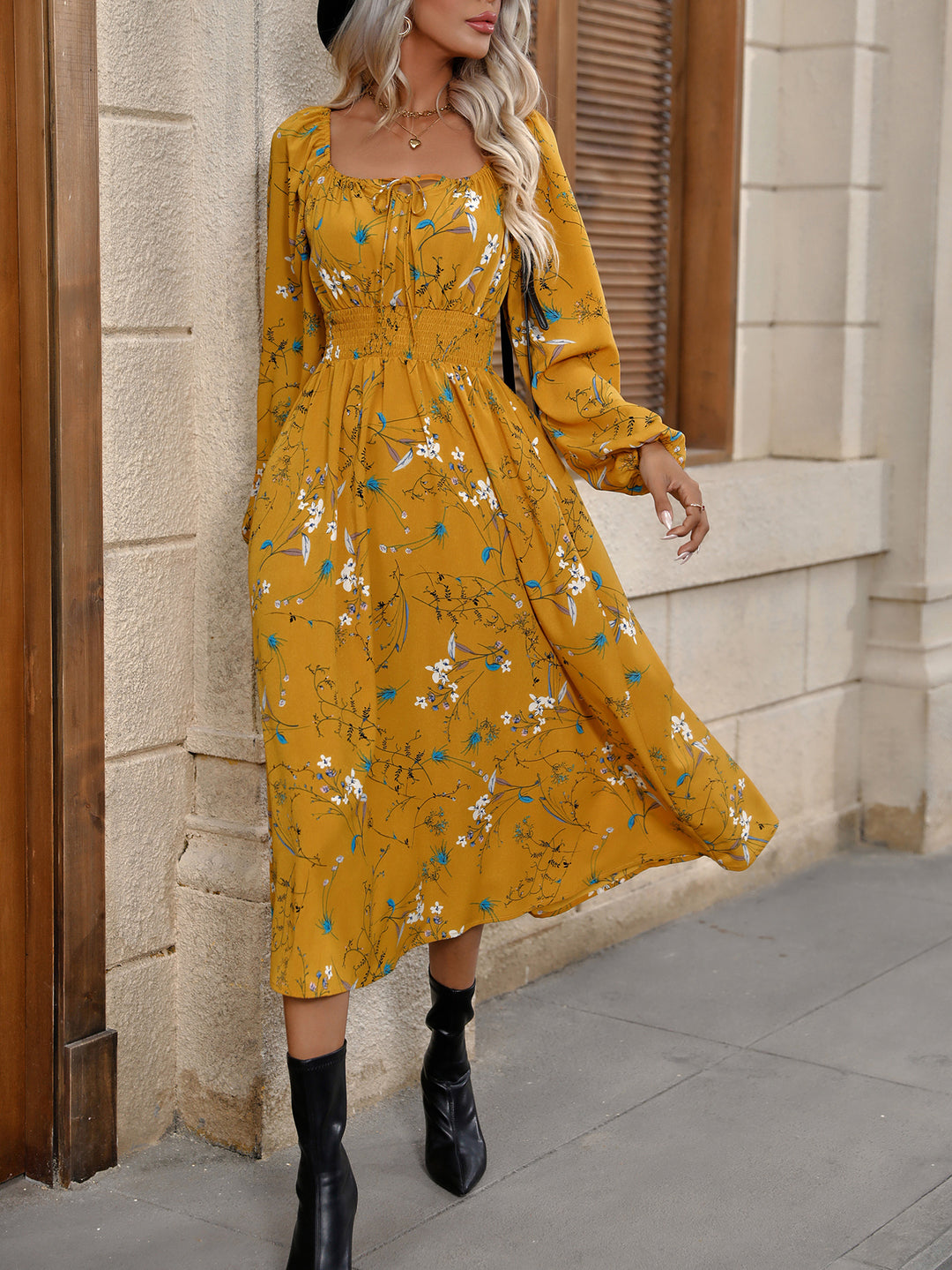 Mustard Bishop Sleeve Waist Elastic Dress