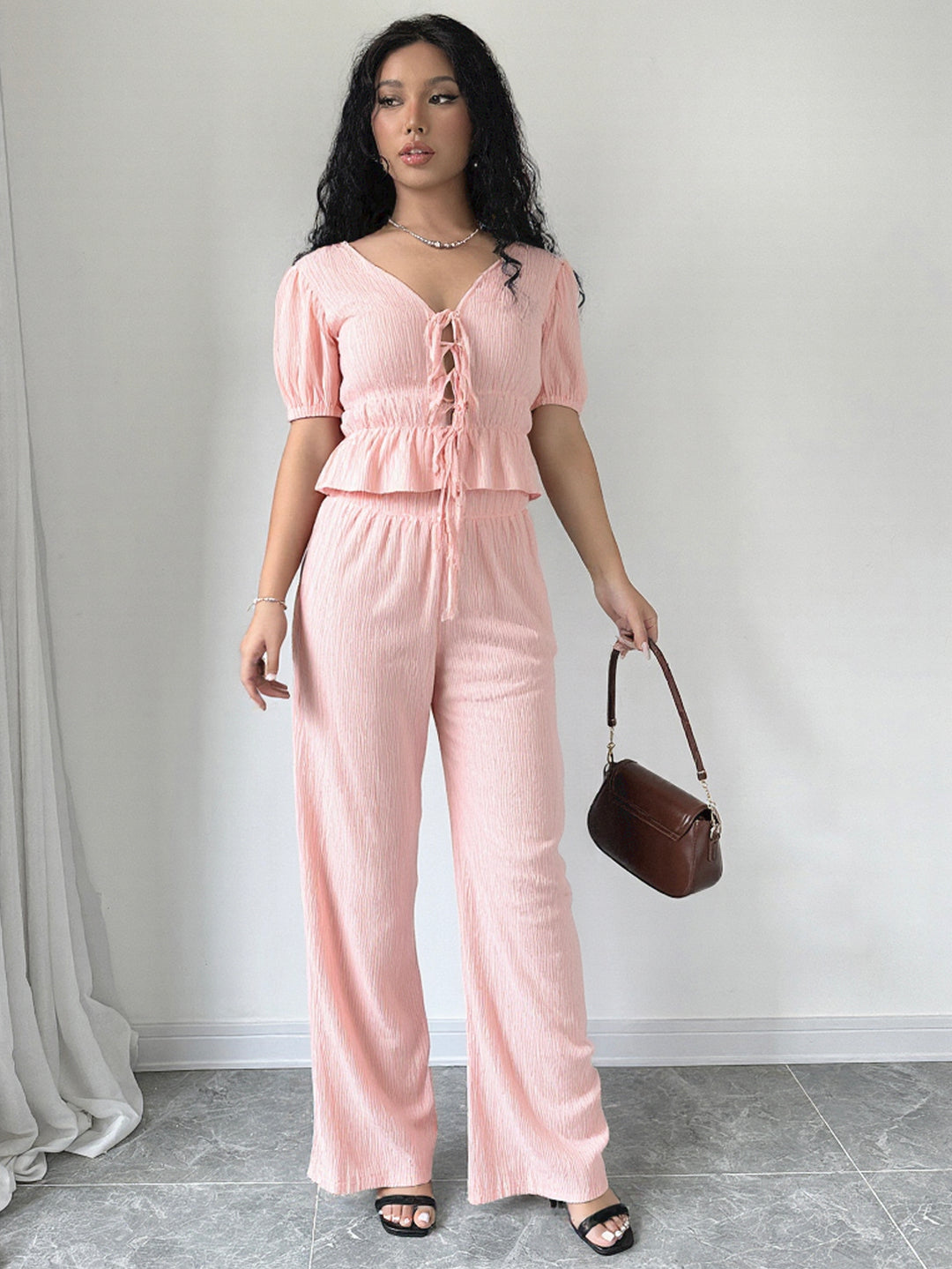 Pink Puff Sleeved Top And Pants Co-Ord Set