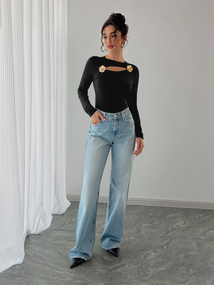 Black Full Sleeve Neck Cut-Out Detail Top