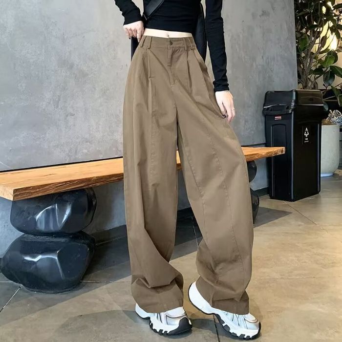 Brown Basic Solid Pleated Trousers