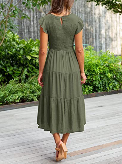 Olive Solid Flutter Sleeved And Tiered Dress