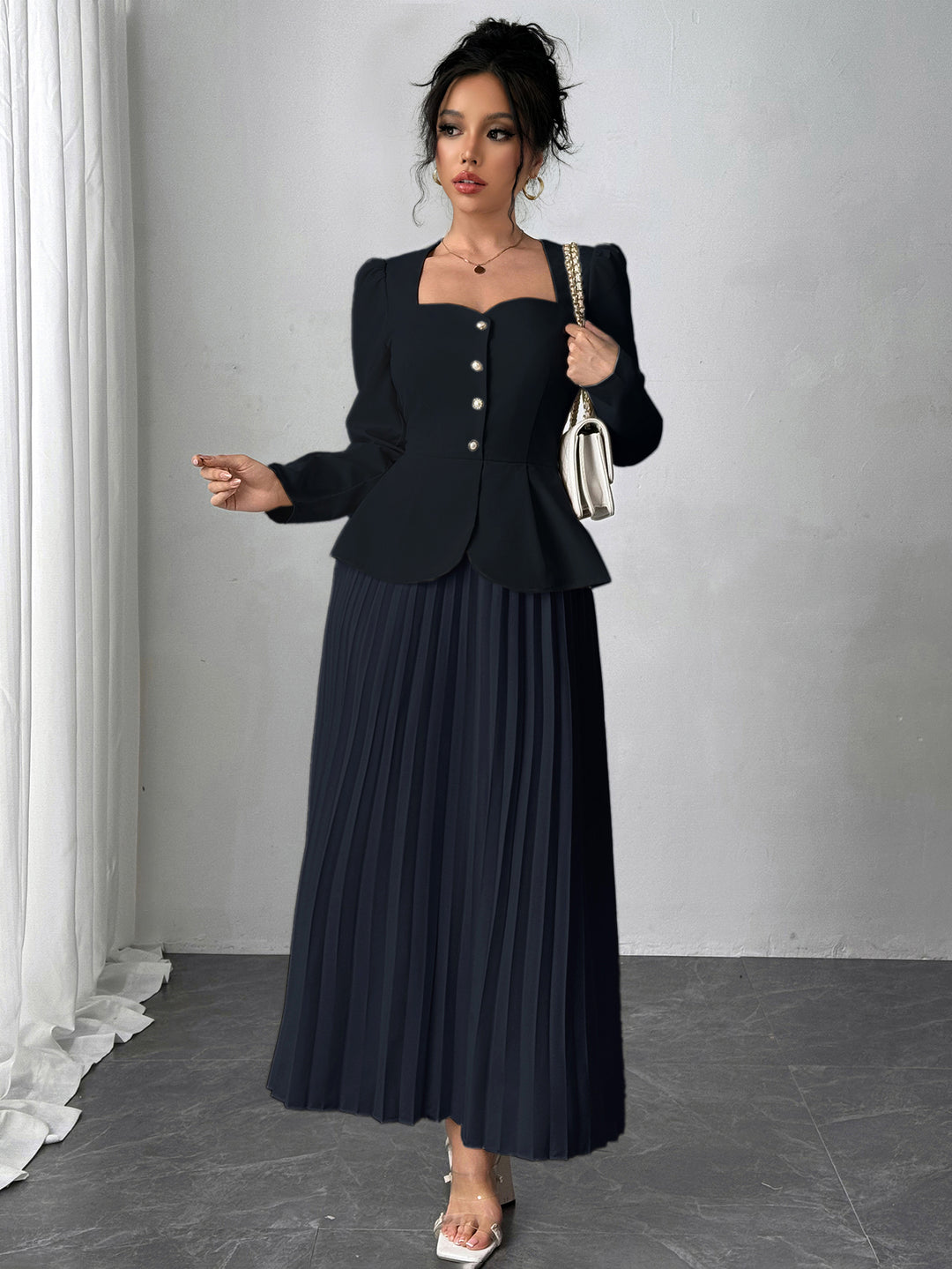 Navy Pleated Blazer Dress