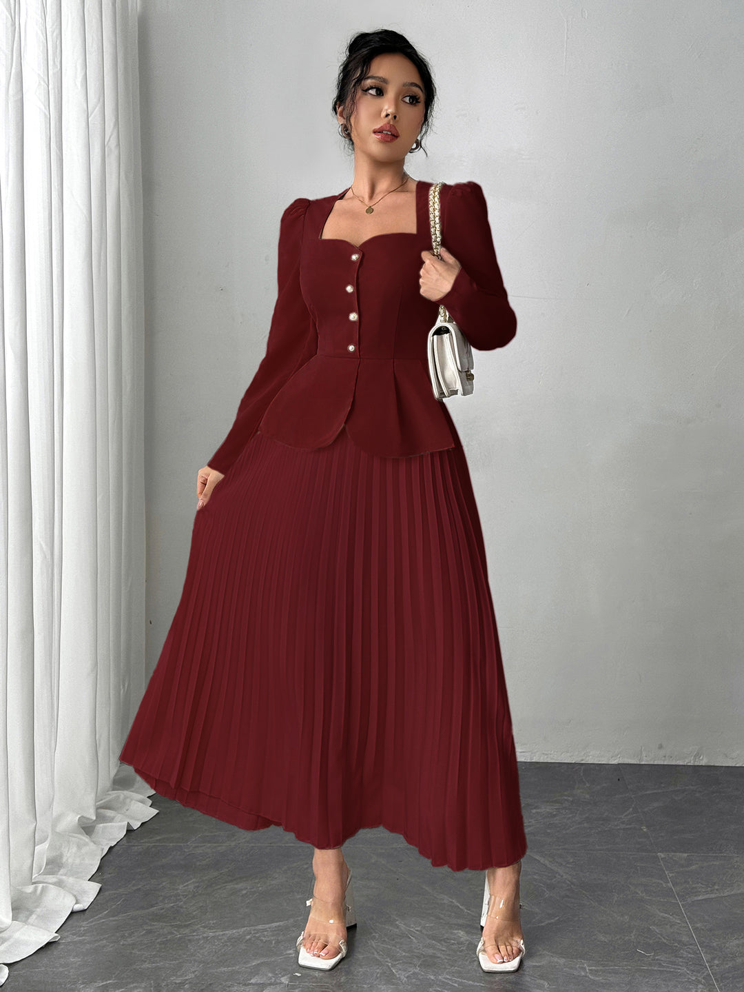 Maroon Pleated Blazer Dress