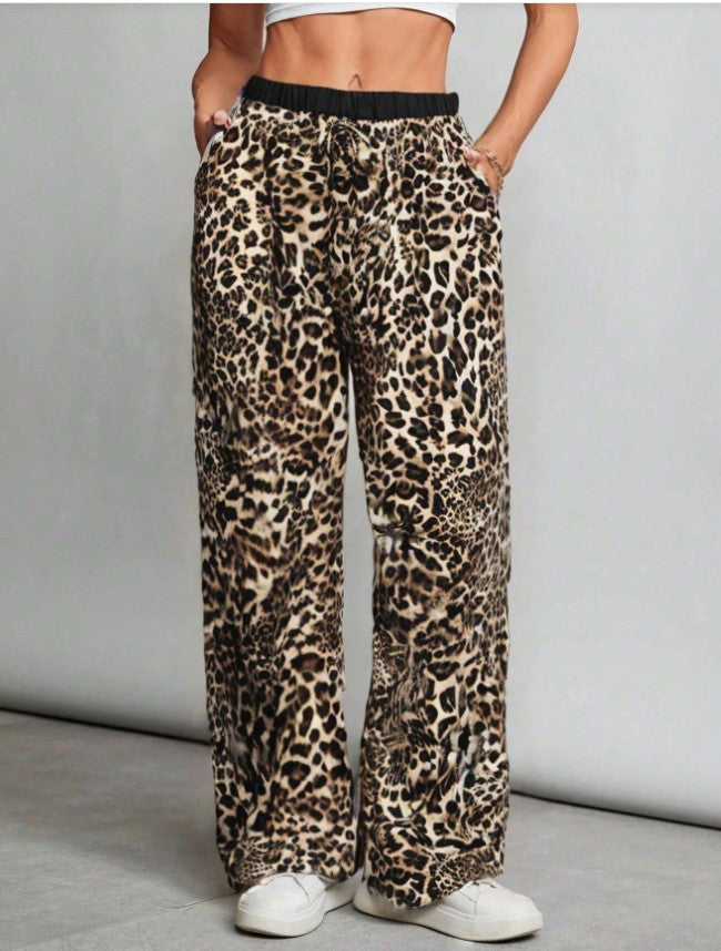 Brown Animal Print Wide Leg Joggers