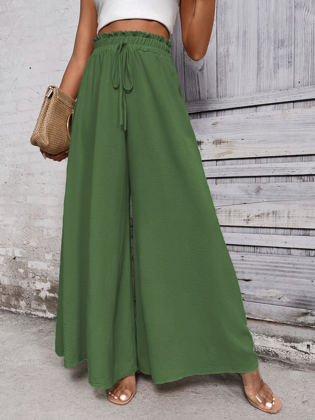 Green Smocked Waist Pull Up Trouser