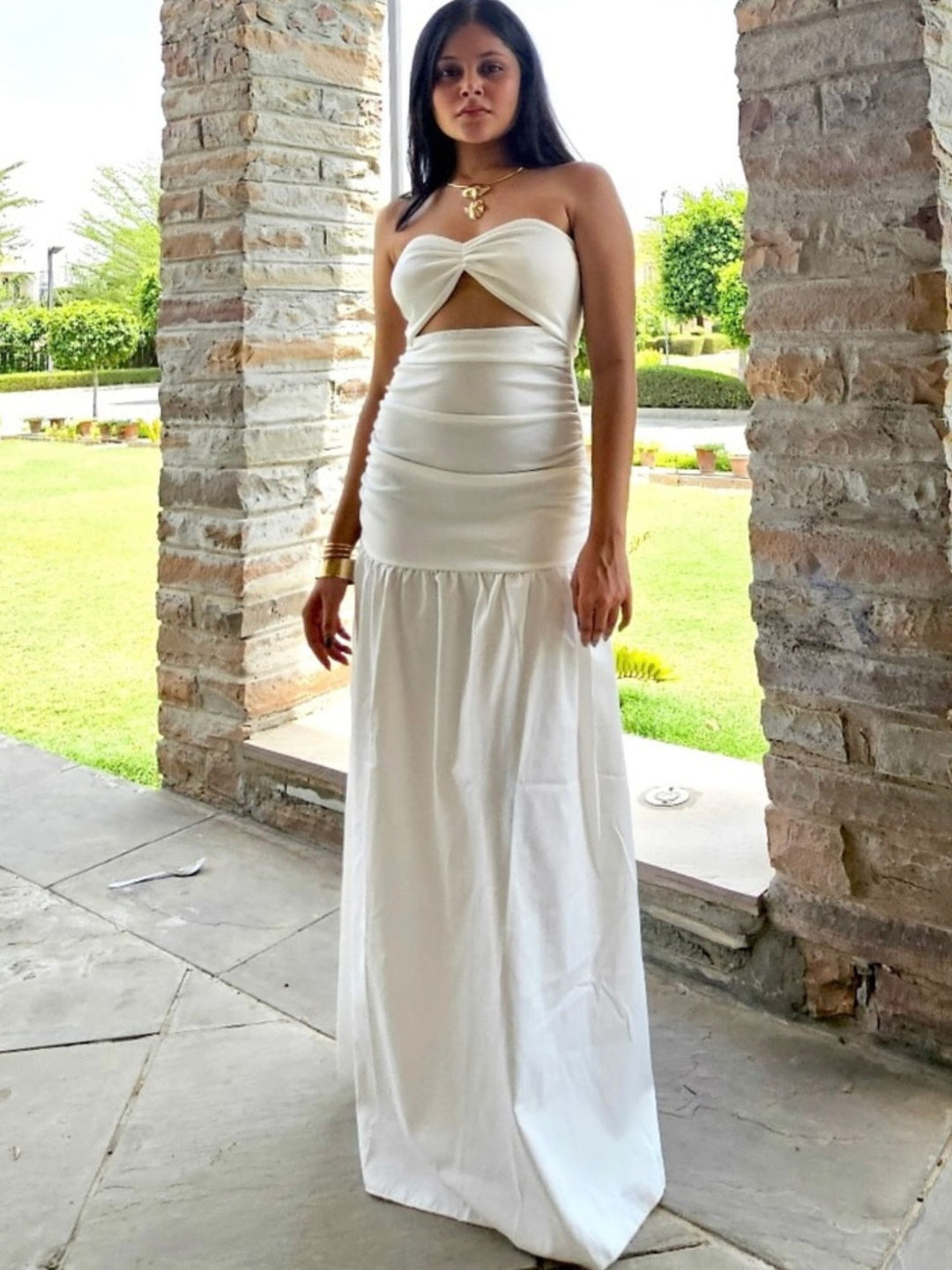 White Fitted Bust With Waist Cutout Maxi Dress