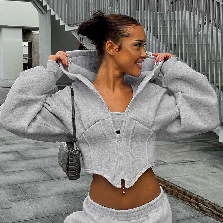 Grey Corset Detail Sweatshirt With Hoodie