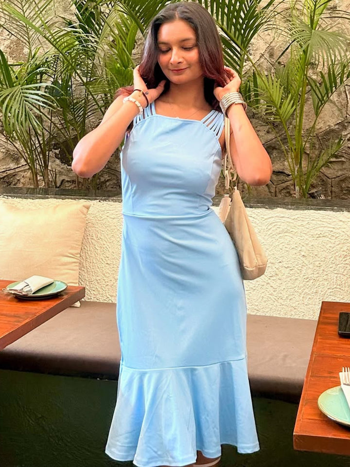 Blue Solid Peplum Hem Dress