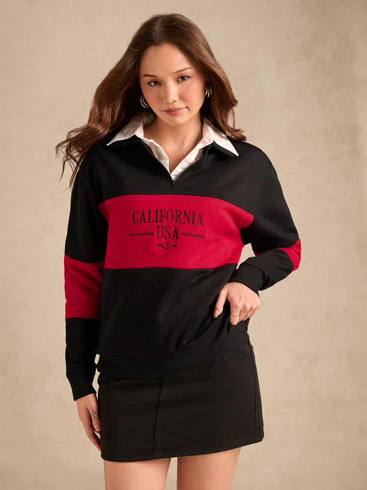 Black Varsity V Neck Graphic Sweatshirt