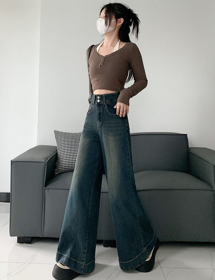 Blue Double Button Flared Denim