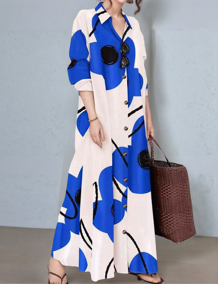 Blue Full Sleeve Collared Neck Printed Dress