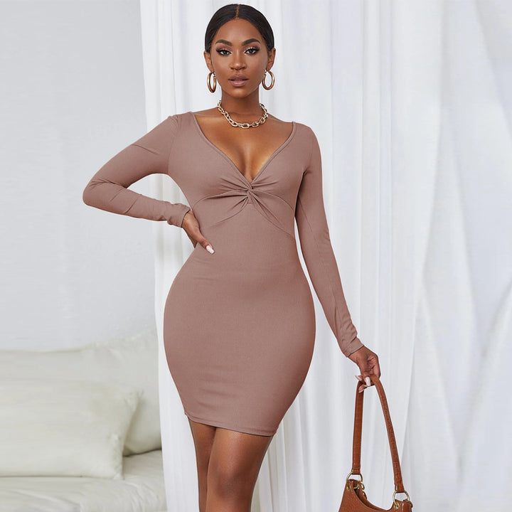 Nude Full Sleeve V-Neck Dress