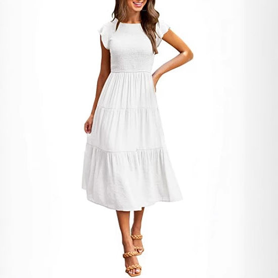 White Solid Flutter Sleeved And Tiered Dress