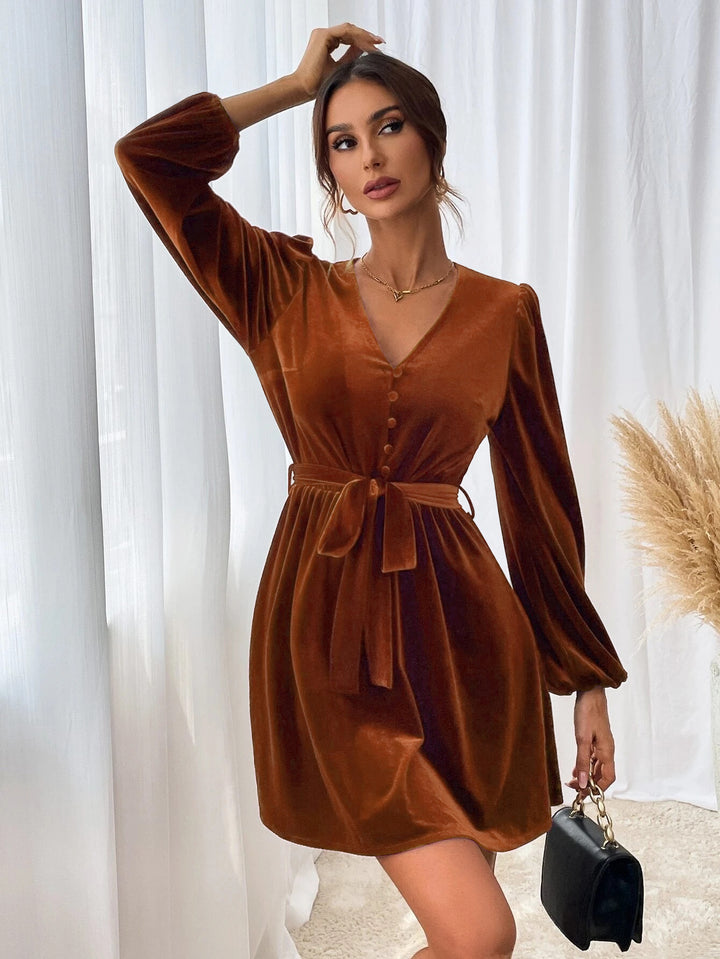 Brown Bishop Sleeve Front Tie-Up Dress