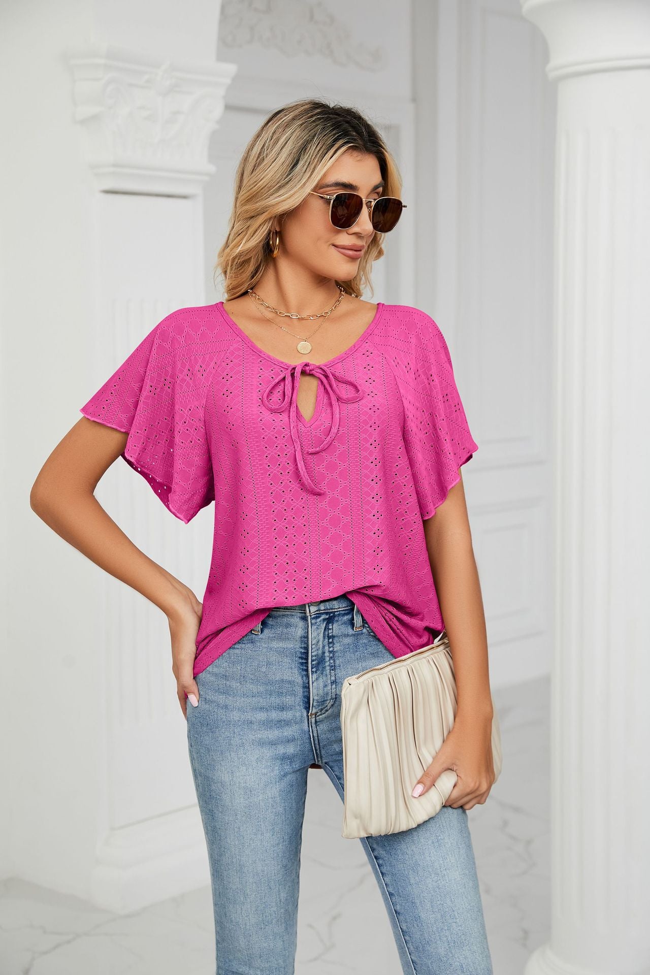 Pink Flared Sleeves Tie Up Top