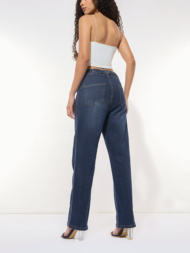 Blue Straight Fit Jeans With Front Seam
