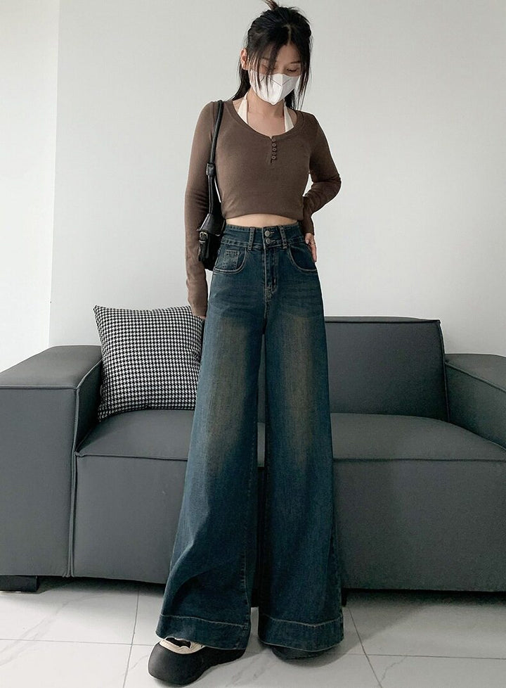 Blue Double Button Flared Denim