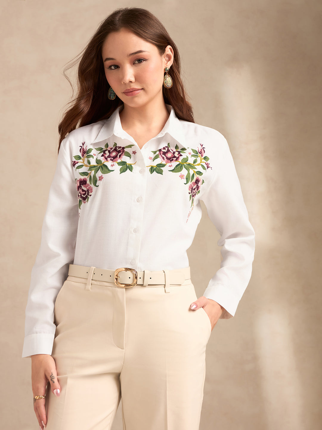 Off White Boxy Shirt With Embroidery Detail