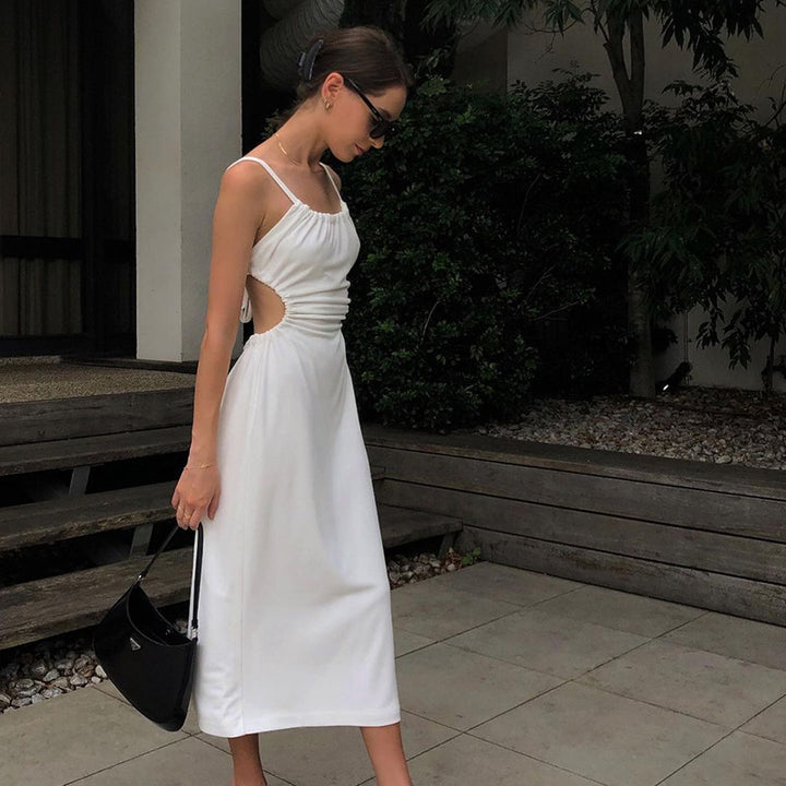 White Shoulder Strap Tie-Up Dress
