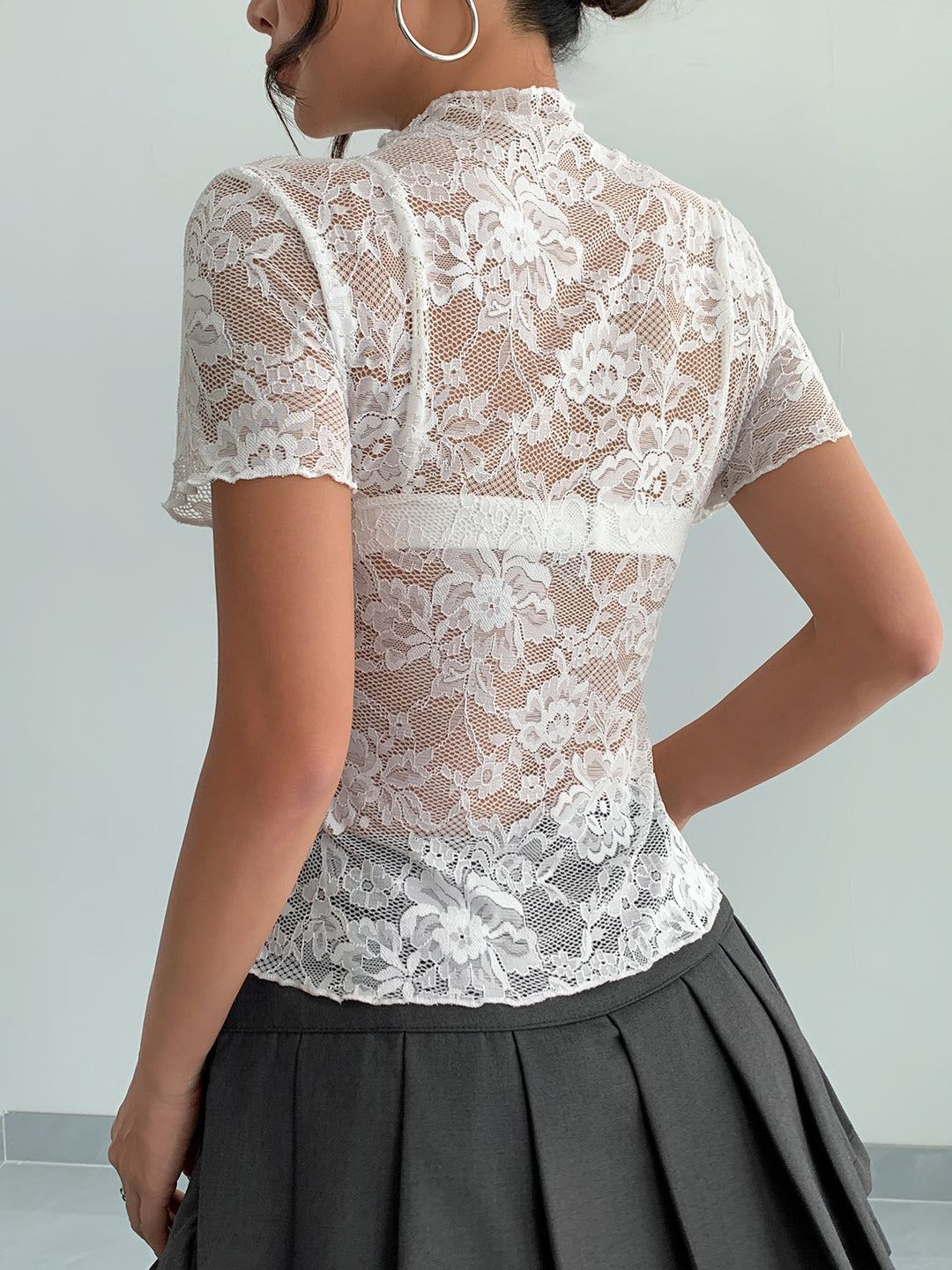 White Short Sleeve High Neck Semi Sheer Top