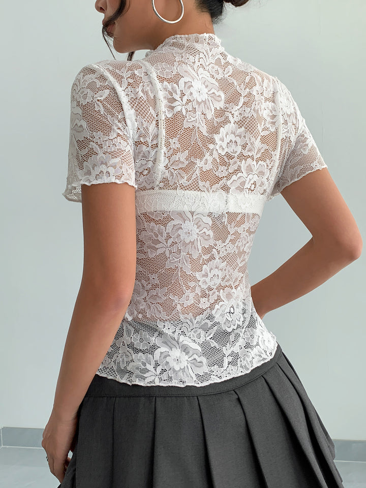 White Short Sleeve High Neck Semi Sheer Top