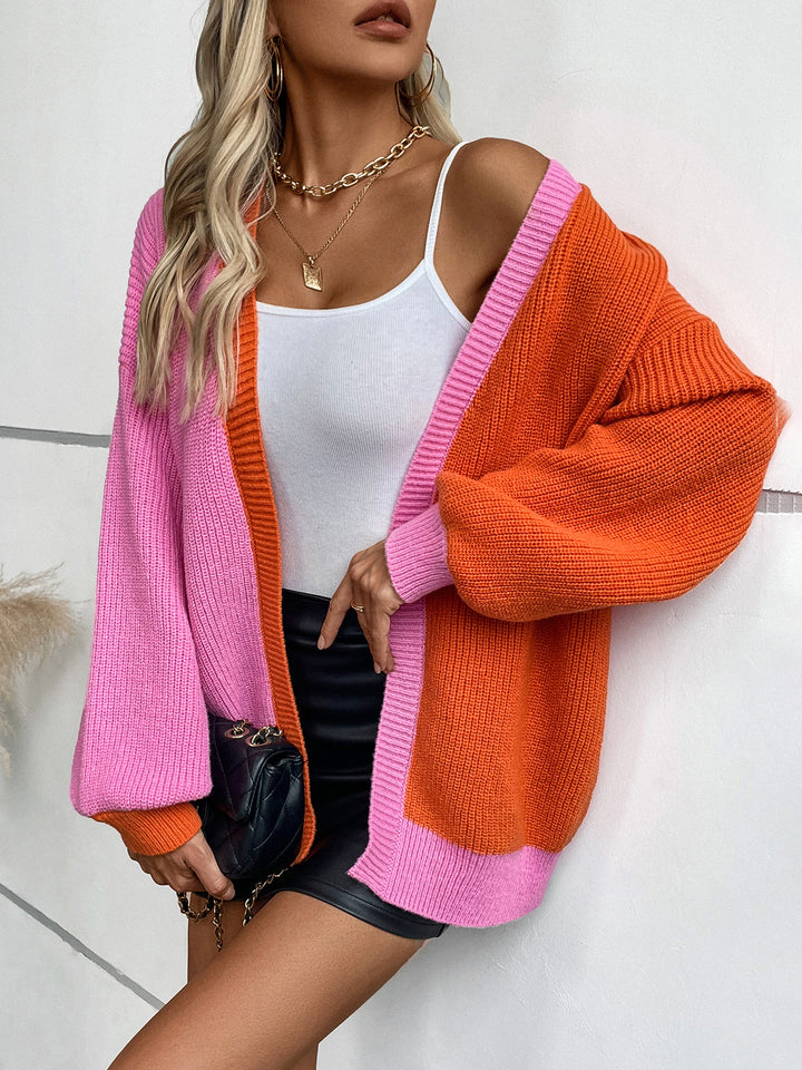 Orange Full Sleeves Colour Block Cardigan