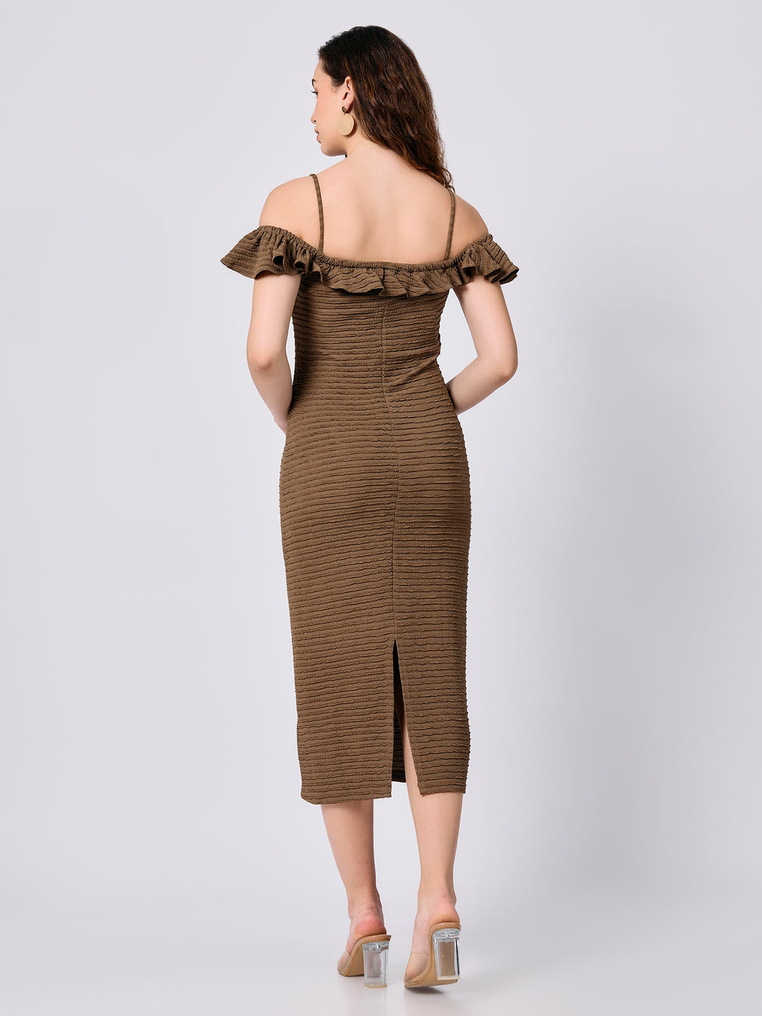 Olive Fitted Midi Textured Dress With Ruffle Detail