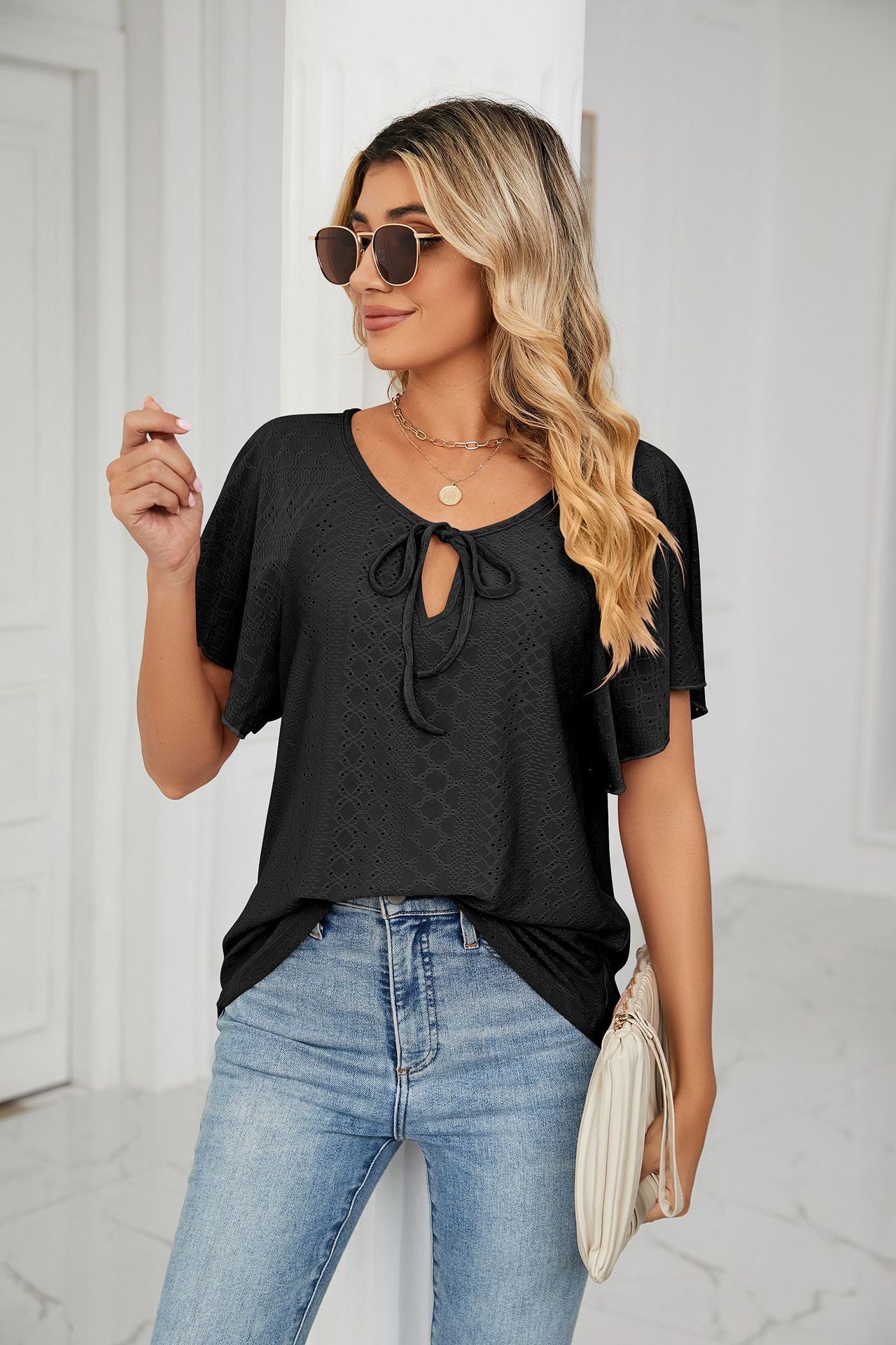 Black Flared Sleeves Tie Up Top