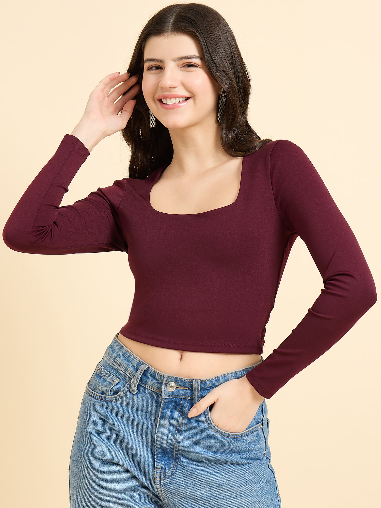 Maroon Solid Square Neck Top