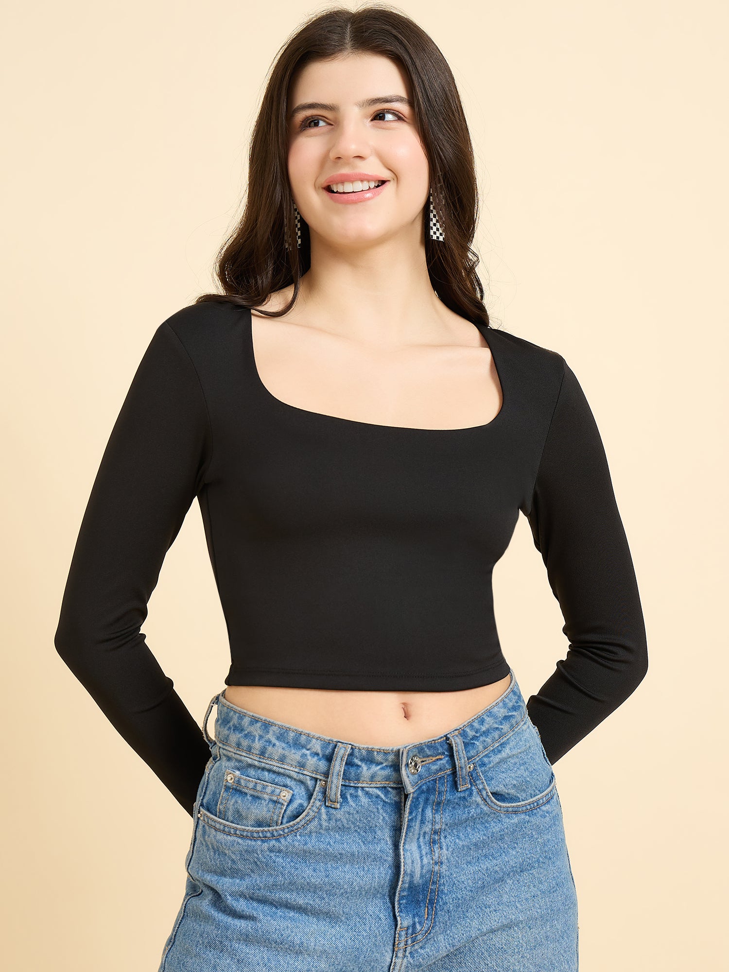 Black Solid Square Neck Top