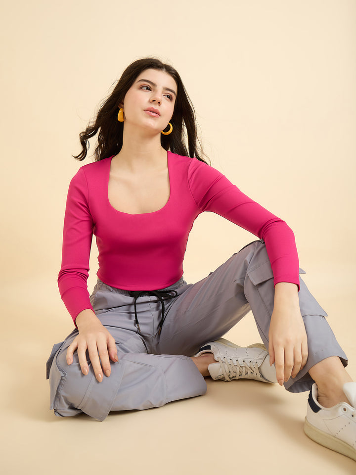 Pink Solid Square Neck Top