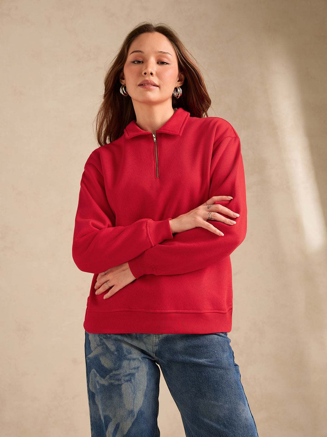 Red Solid Oversized Zipper Sweatshirt