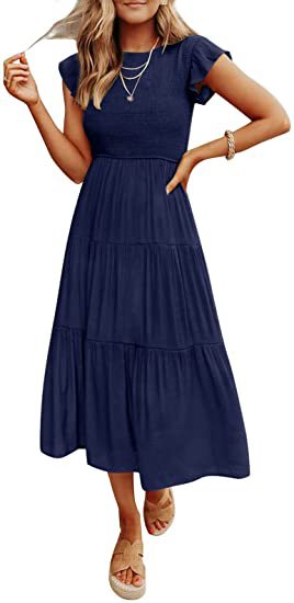 Navy Blue Solid Flutter Sleeved And Tiered Dress