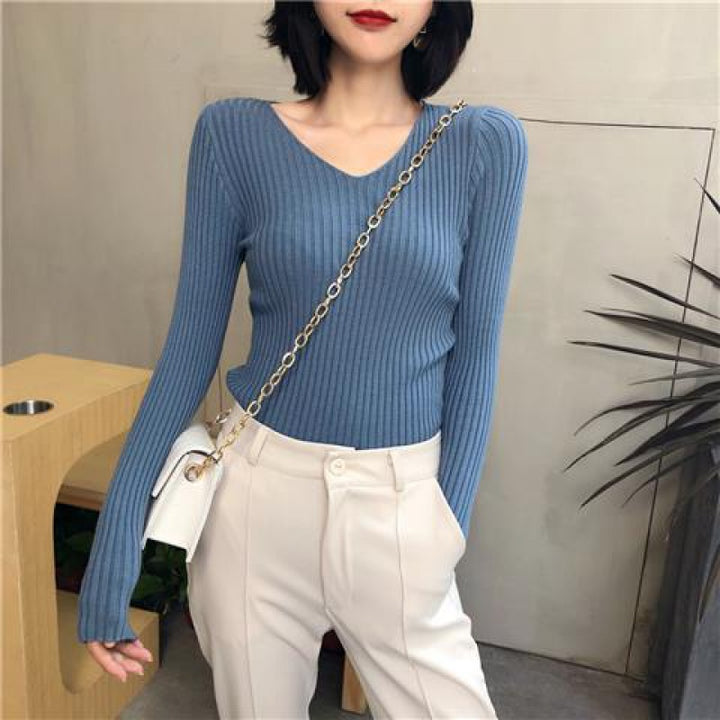 Blue Full Sleeve V Neck Fitted Top