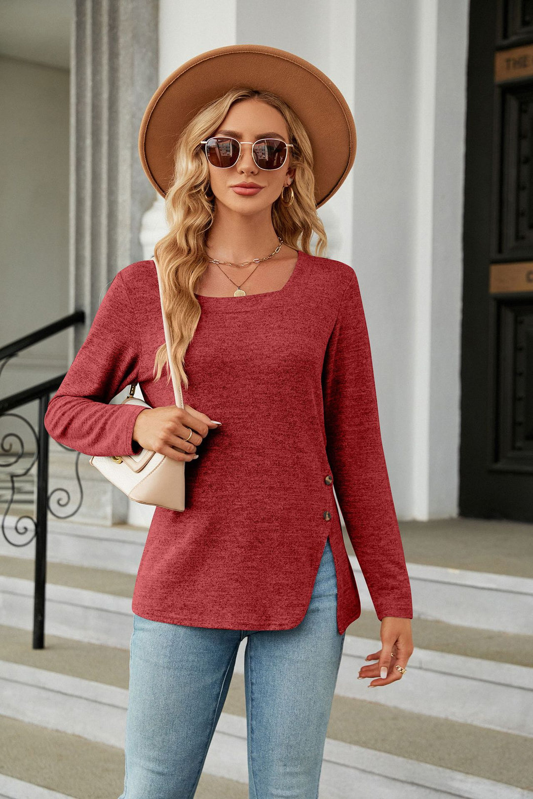 Red Full Sleeve Side Slit Top