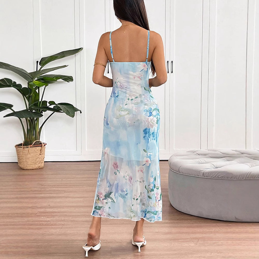 Blue Strappy Printed Maxi Dress