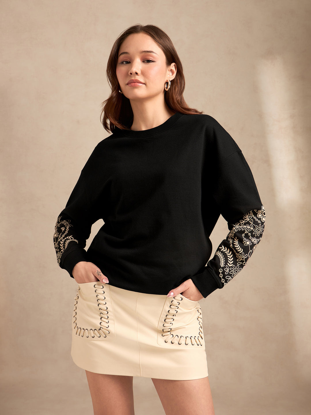 Black Sweatshirt with Textured Placement Sleeves