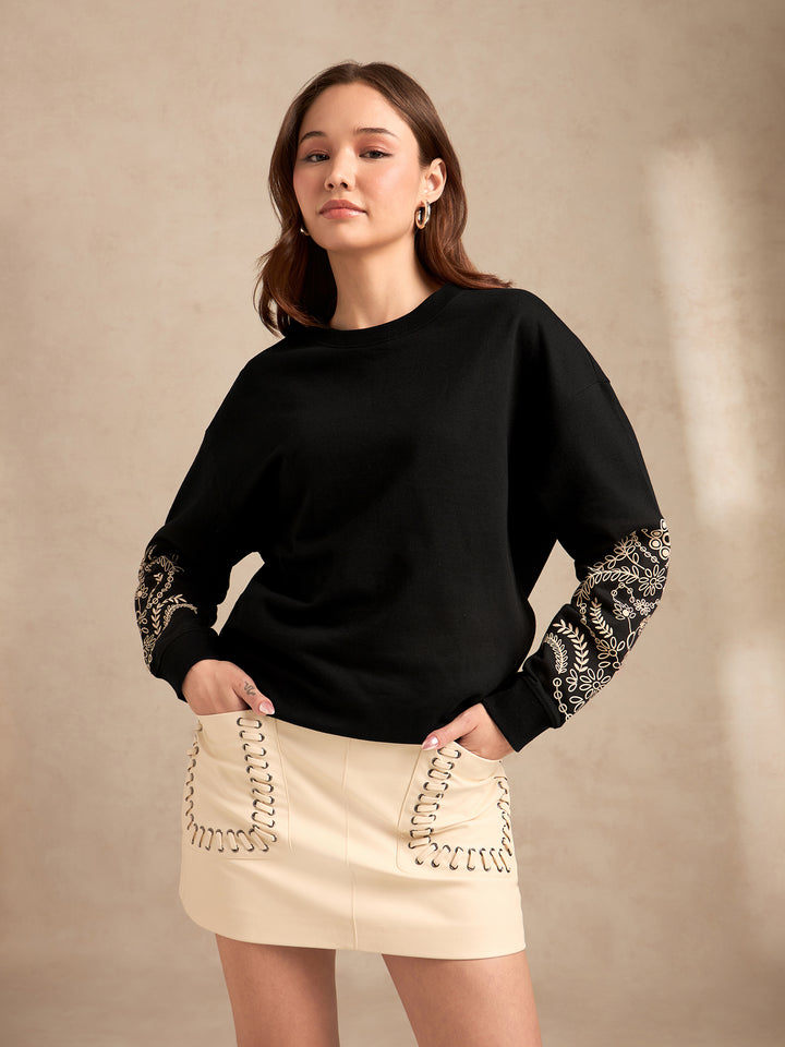 Black Sweatshirt with Textured Placement Sleeves