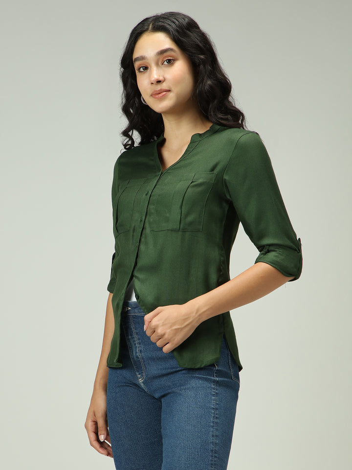Olive Solid V Neck Shirt