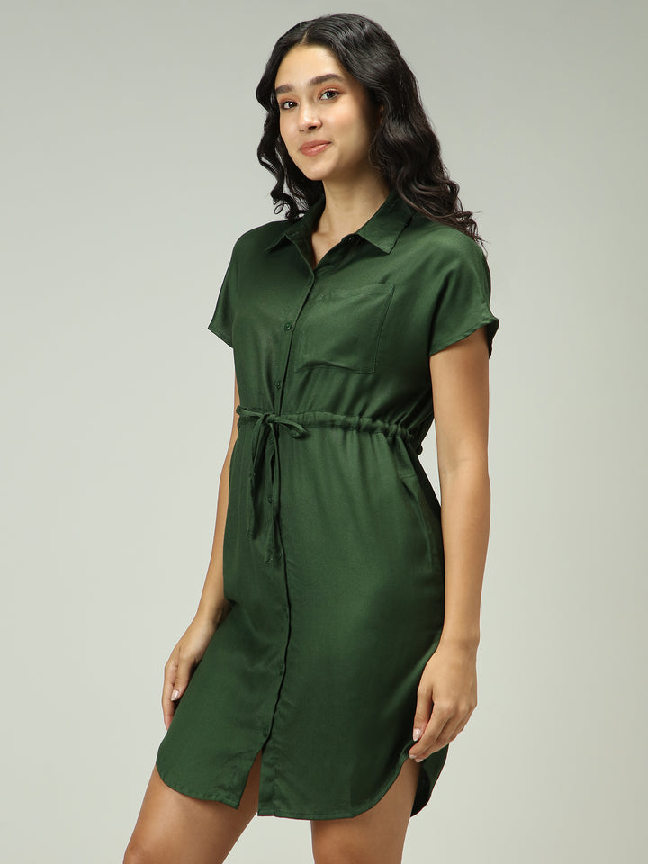 Olive Shirt Dress With Elasticated Waist