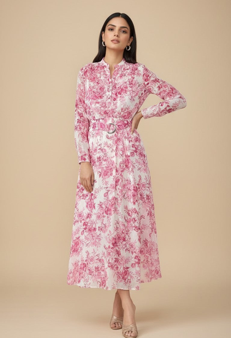 Pink Printed Flared Dress With Halter Neck With Belt Detail