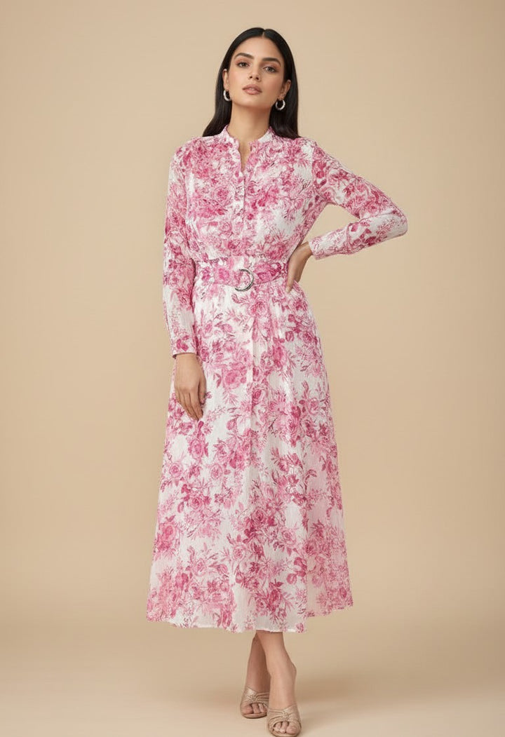 Pink Printed Flared Dress With Halter Neck With Belt Detail
