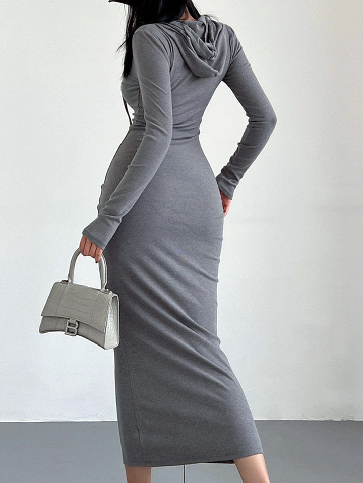 Solid Grey Hooded Bodycon Dress