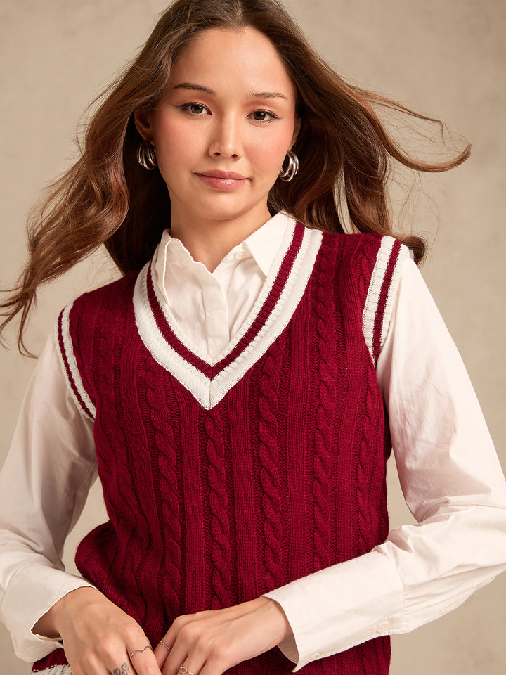 Red Varsity Contrast Tipping Sweater