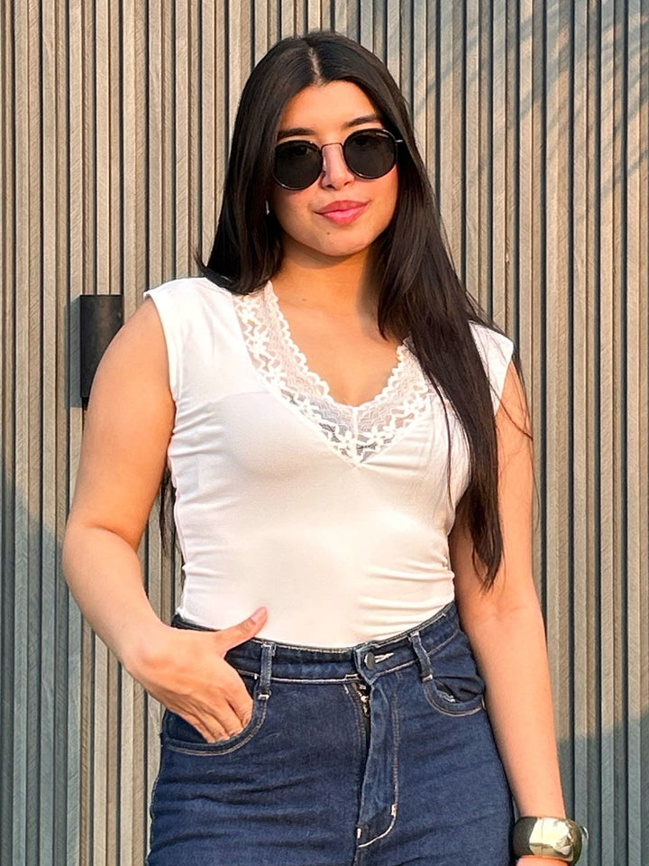 White Cap Sleeve Lace Detail Top