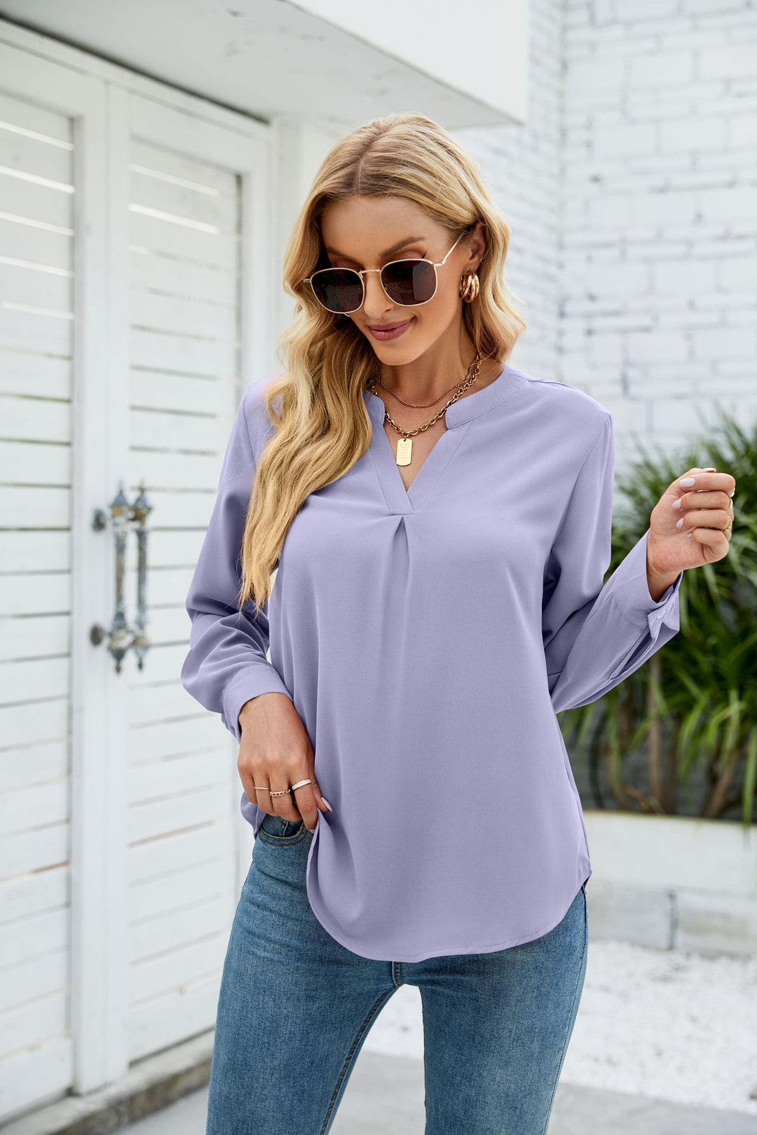 Lavender Full Sleeve V Neck Top