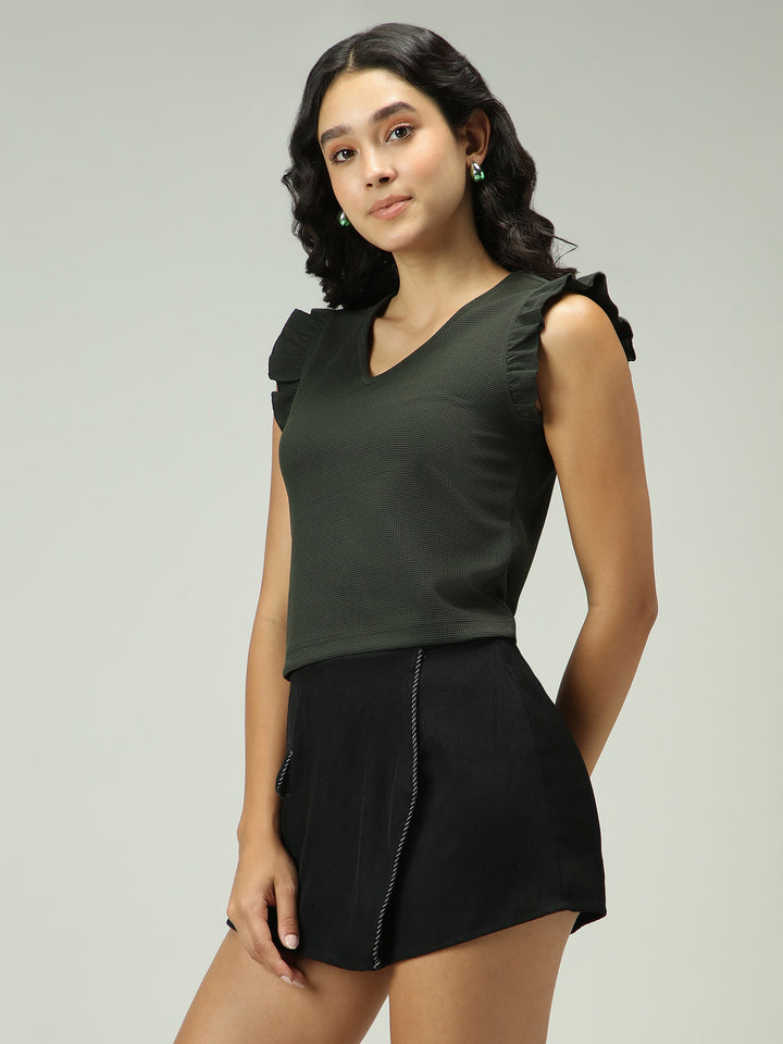 Olive V Neck Ruffled Short Sleeves Top