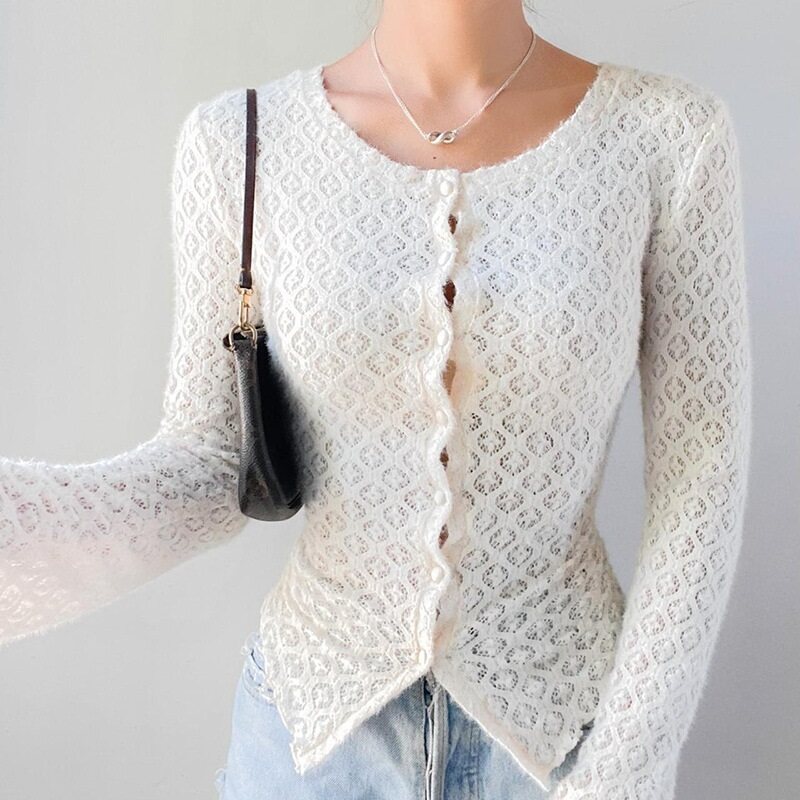 White Fitted Jacquard Long Sleeve Cardigan