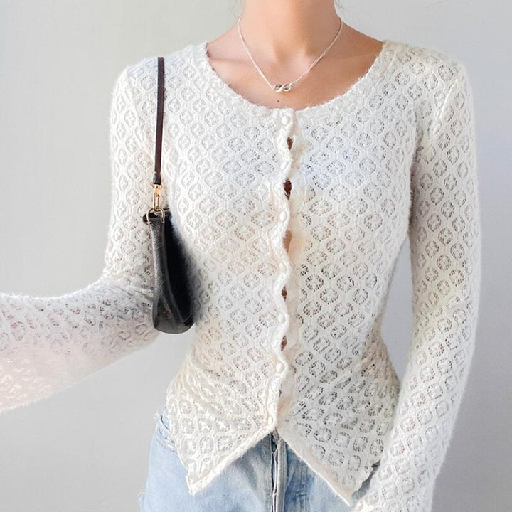 White Fitted Jacquard Long Sleeve Cardigan