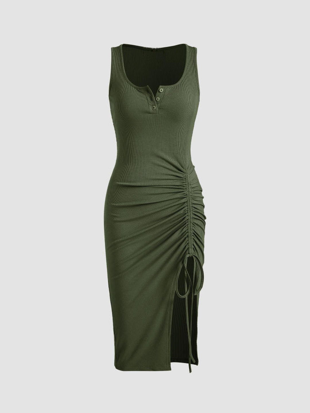 Olive Rib Dress With Side Rouched Slit